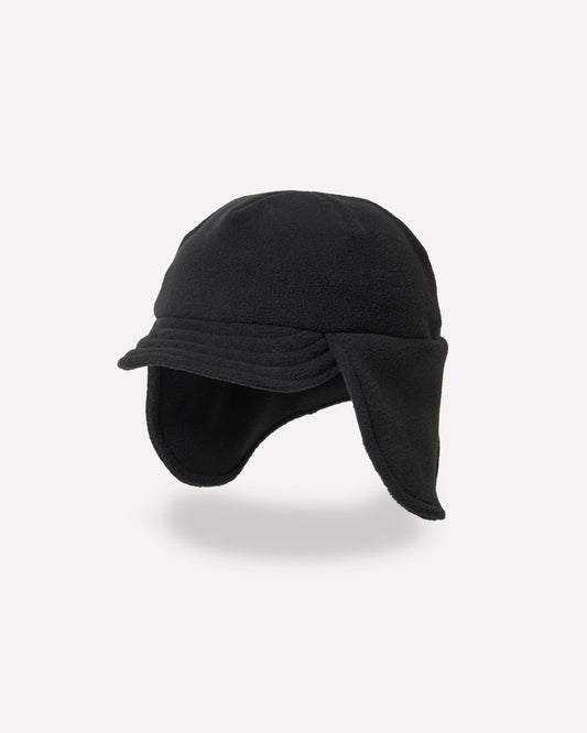 A black fleece winter sun hat with ear flaps and a short brim, shown against a light gray background with a soft drop shadow.