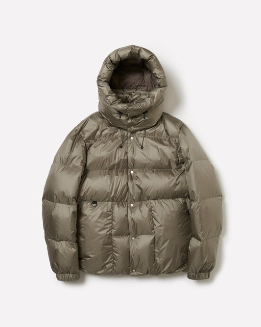 A hooded puffer jacket in a muted olive green color, featuring horizontal quilting and a front snap-button closure, displayed against a light gray background.