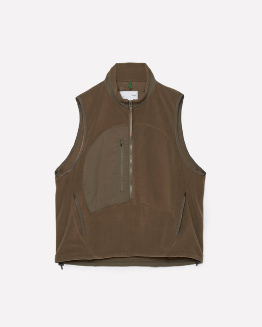 A sleeveless zip-front vest in a muted brownish-green/olive tone, laid flat against a light gray background.